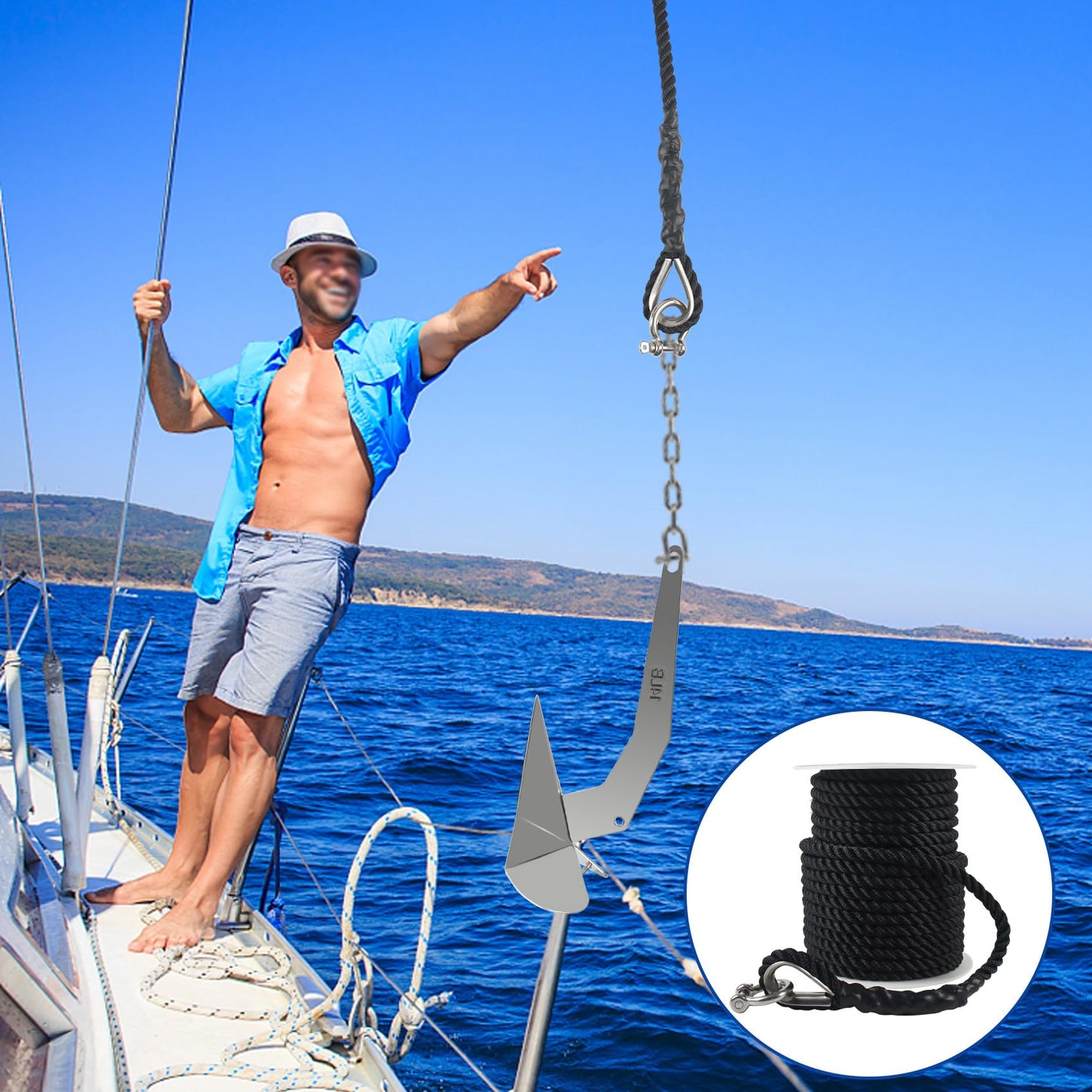 VEITHI Anchor Rope 50 ft x 1/2 inch Black, 3 Strand Anchor Line Boat Rope with Stainless Steel Thimble & Shackle Ideal for Towing,Docking,Boats,Mooring,Anchoring,for Boats Up to 35'