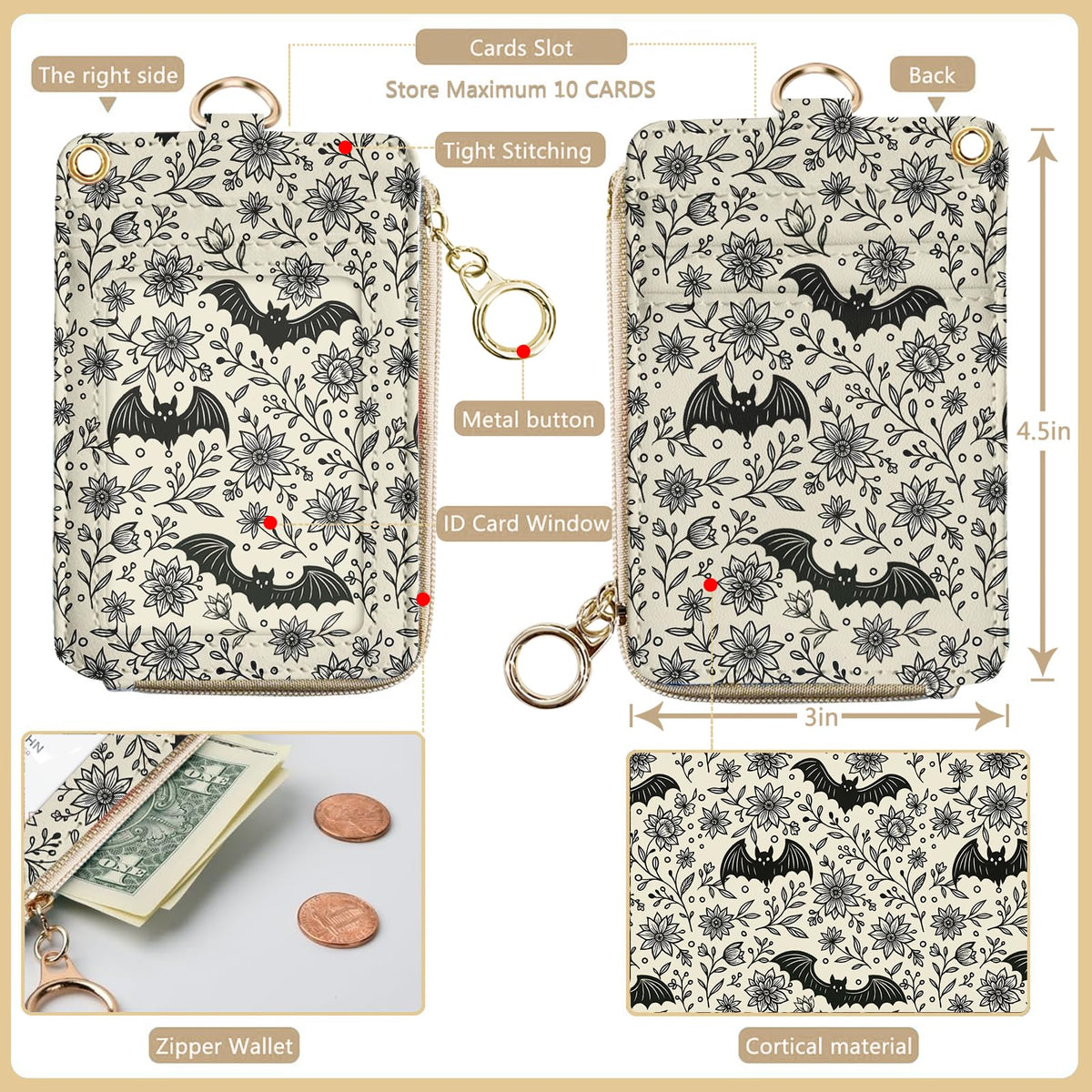 bolimoss Bat Lanyard Wallet Badge Holder PU Leather RFID Keychain Wallet with Breakaway Neck Wristlet Lanyard Zipper Pocket, Slim Credit Card Holder with Key Ring Phone Holder for Teacher Nurse Women