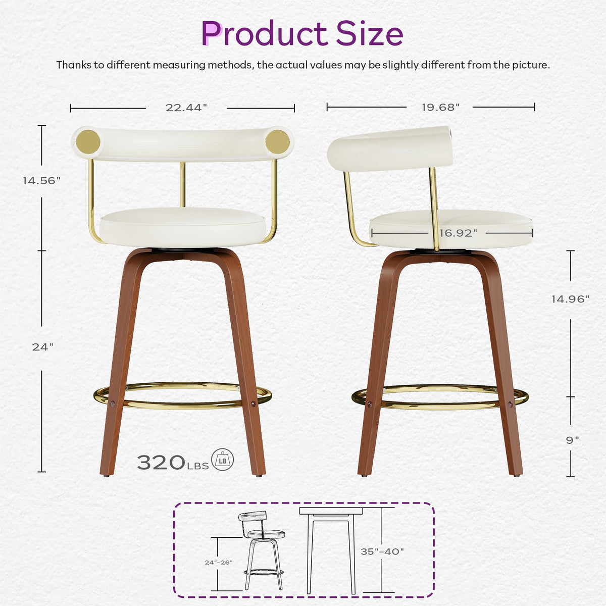 TYBOATLE Swivel Bar Stools Set of 4, Counter Height Bar Stools with Bent Wood Legs and Back, Mid-Century Modern Faux Leather Bar Chairs Island Barstools for Kitchen (4, White)