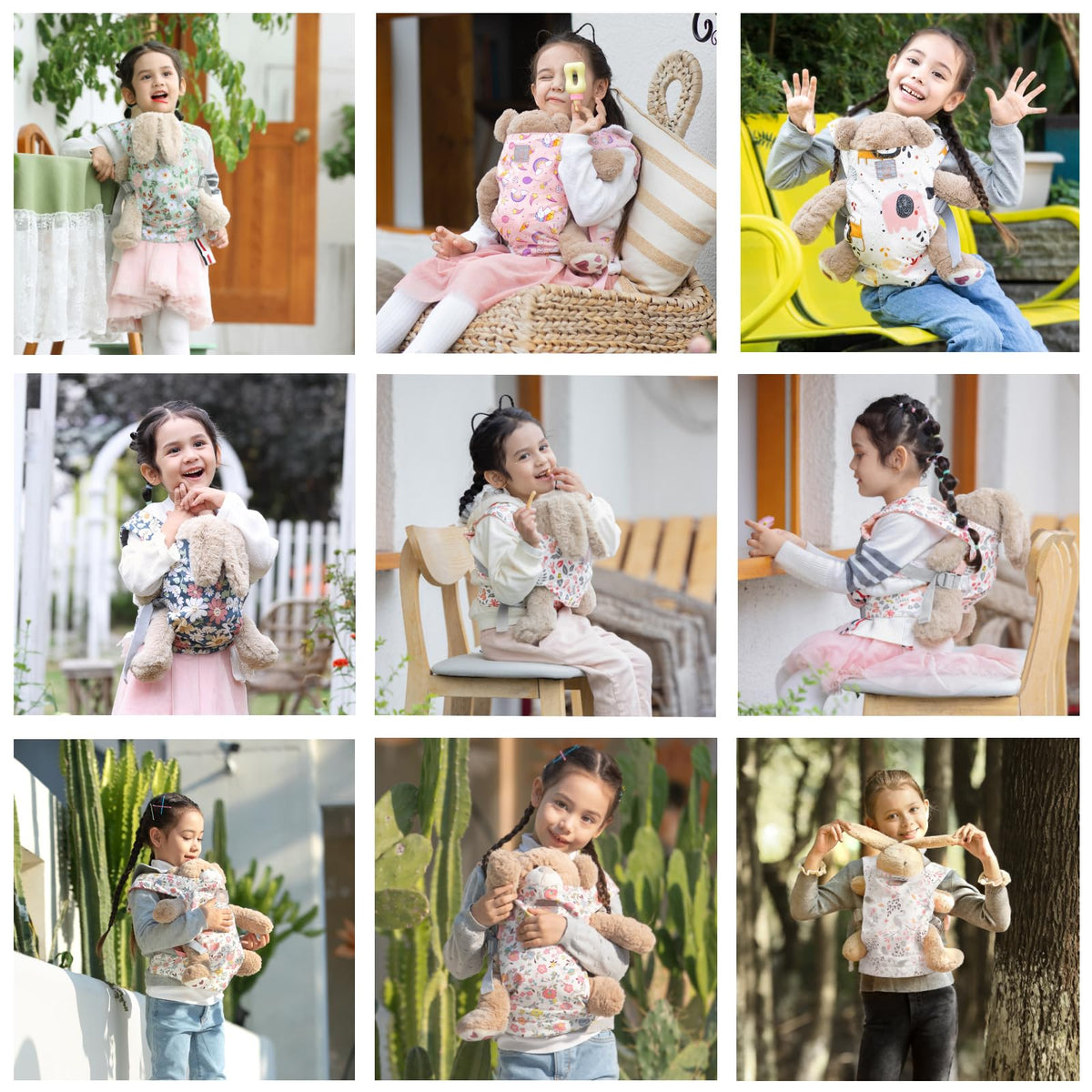GAGAKU Baby Doll Carrier - Kids Toy with Adjustable Straps for Stuffed Animal Dolls - Gray - Smiling Daisies