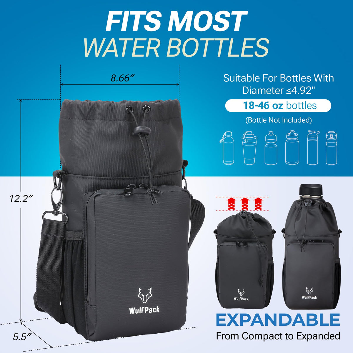 WulfPack Magnetic Gym Bag, Magnetic Bottle Bag, Water Bottle Carrier Holder with Large Phone Pockets, Large Pockets, Gym Bag, Work, and Sports (Black)