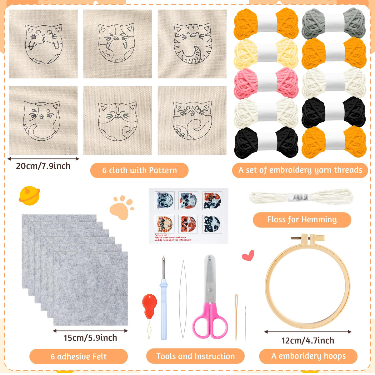 WATINC Cats Punch Needle Coaster Kit - 22Pcs Easy Art Work Decor Craft Supply for Beginners, DIY Set of 6 Puppy Pets Pattern Tufted Rug Pads with Adhesive Felt Yarns Embroidery Hoop Tools Instruction