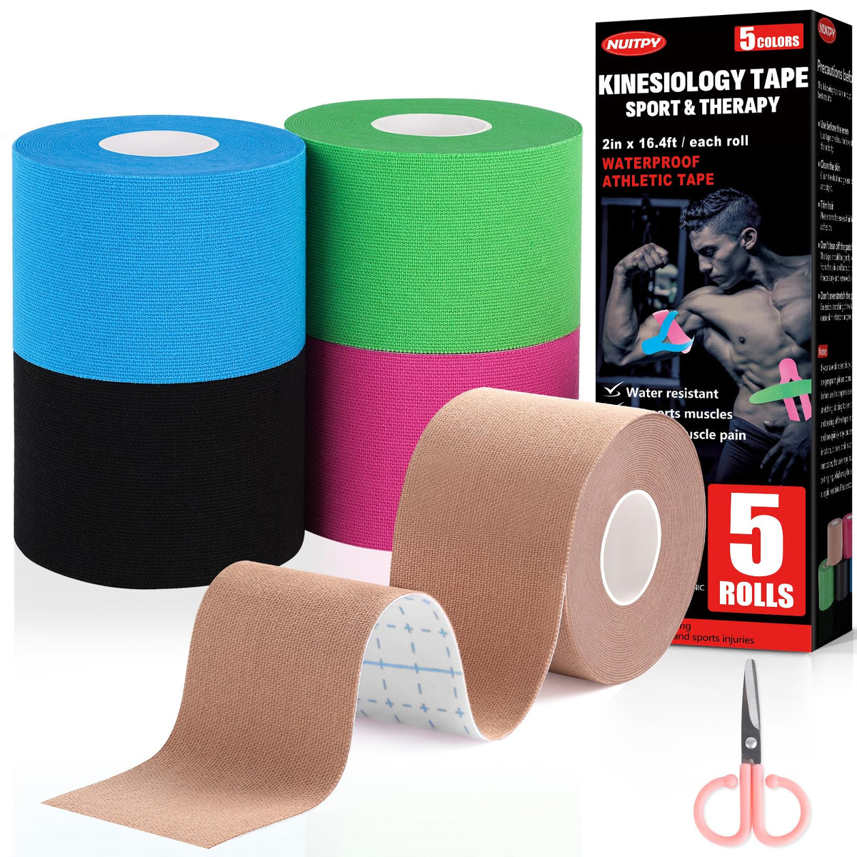 5 Rolls Kinesiology Tape, 5 Colors 2 inch x 16.4 Feet Waterproof Athletic Tape, Uncut Kinetic Tape, Elastic Muscle Tape, Sports Tape, Knee Tape for Exercise and Daily Use