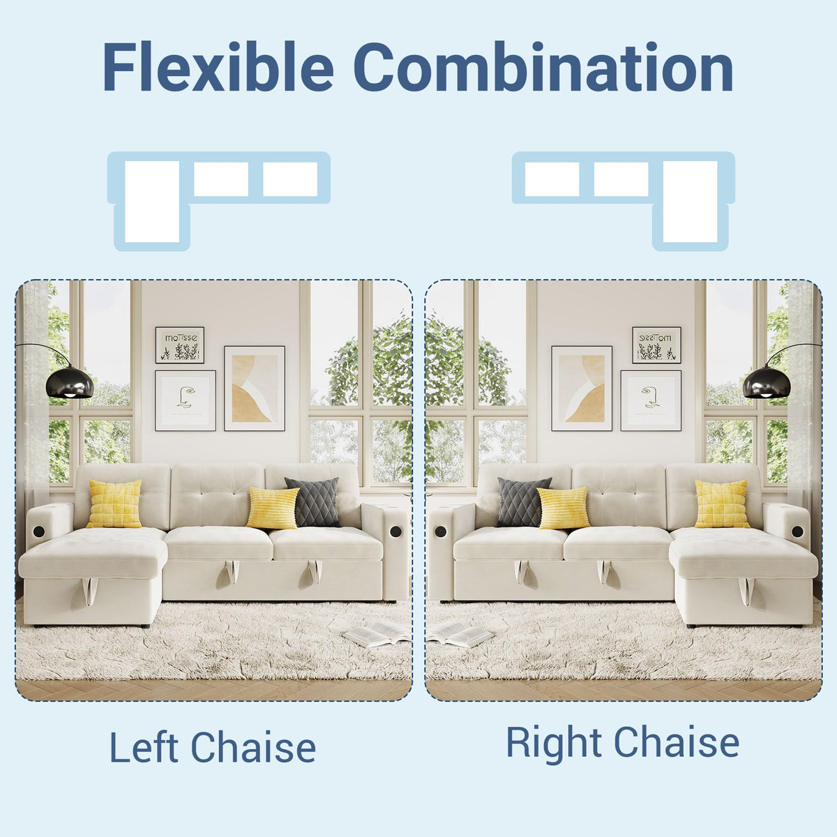GarveeHome 84 Inch Sleeper Sofa Couch, L-Shaped Couches, Convertible Pull Out Sofa Bed with Storage, Charging Station, Led Lights, Modern Sectional Sofas for Living Room, Apartment, Velvet, Beige