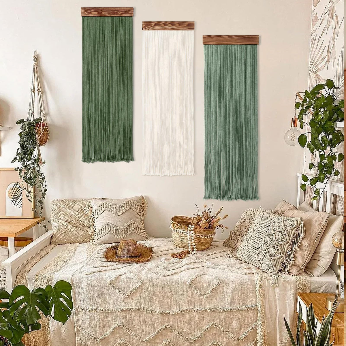 KHOYIME Macrame Wall Hanging Boho Chic Home Decor, 3PCS Bohemian Green Beige Tassel Yarn Tapestry Modern Handmade Large Wall Art Decorations for Living Room Bedroom Nursery Backdrop 11.8''W x 36''L