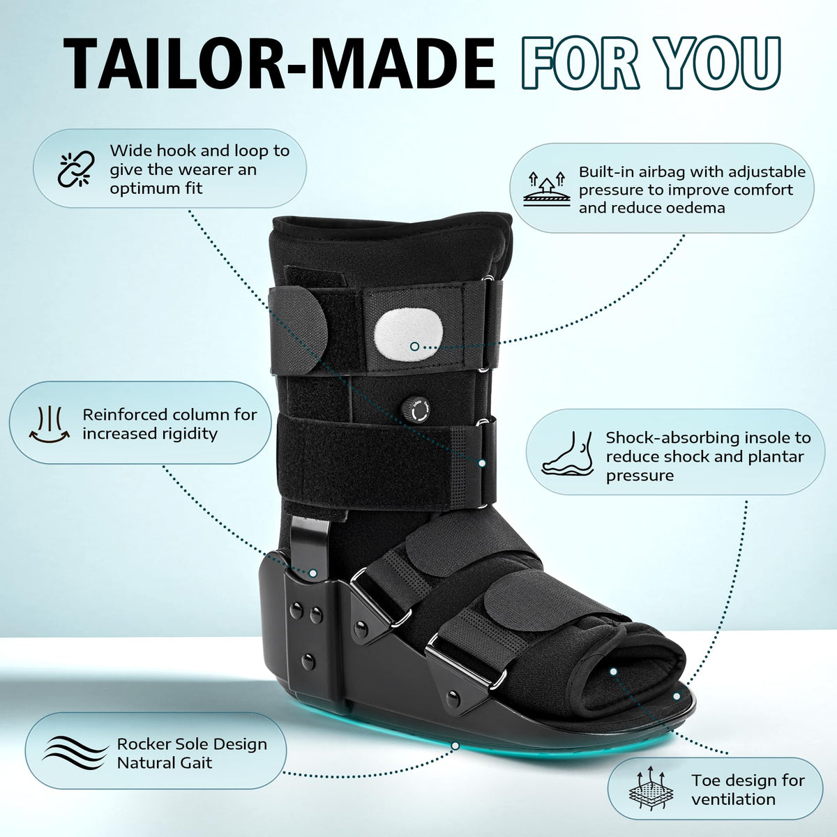 Medibot Advanced Walking Boot for Ankle Injuries & Fractures Adjustable Air Splint with Pump, Medium Black, Fits Shoe Size 6-10'', Men and Women