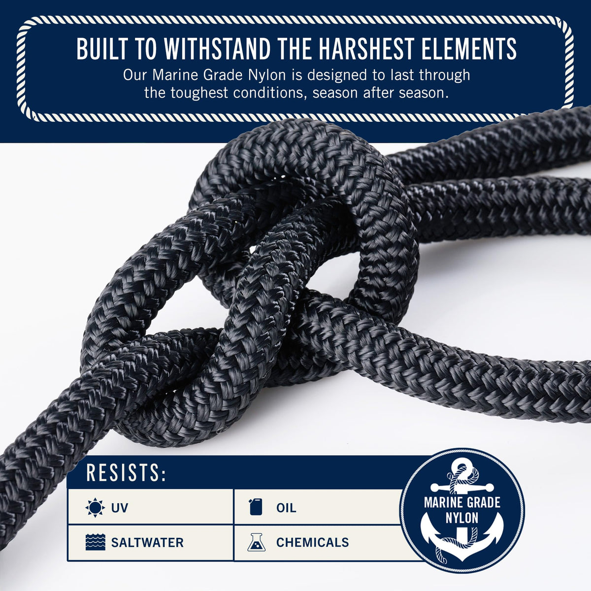 RainierSupplyCo Boat Anchor Rope - Double Braided Marine Rope Anchor Line - 50 ft x 1/4 Inch Nylon Boating Line with 316 Stainless Steel Thimble and Heavy Duty Marine Grade Bow Shackle - Black