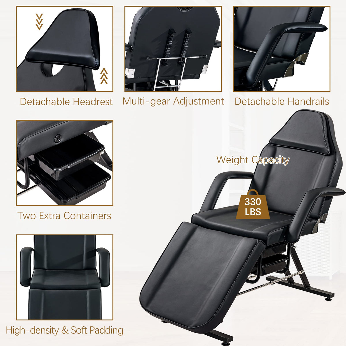 Massage Salon Tattoo Chair with Two Trays Esthetician Bed with Hydraulic Stool,Multi-Purpose 3-Section Facial Bed Table, Adjustable Beauty Barber Spa Beauty Equipment (Black)