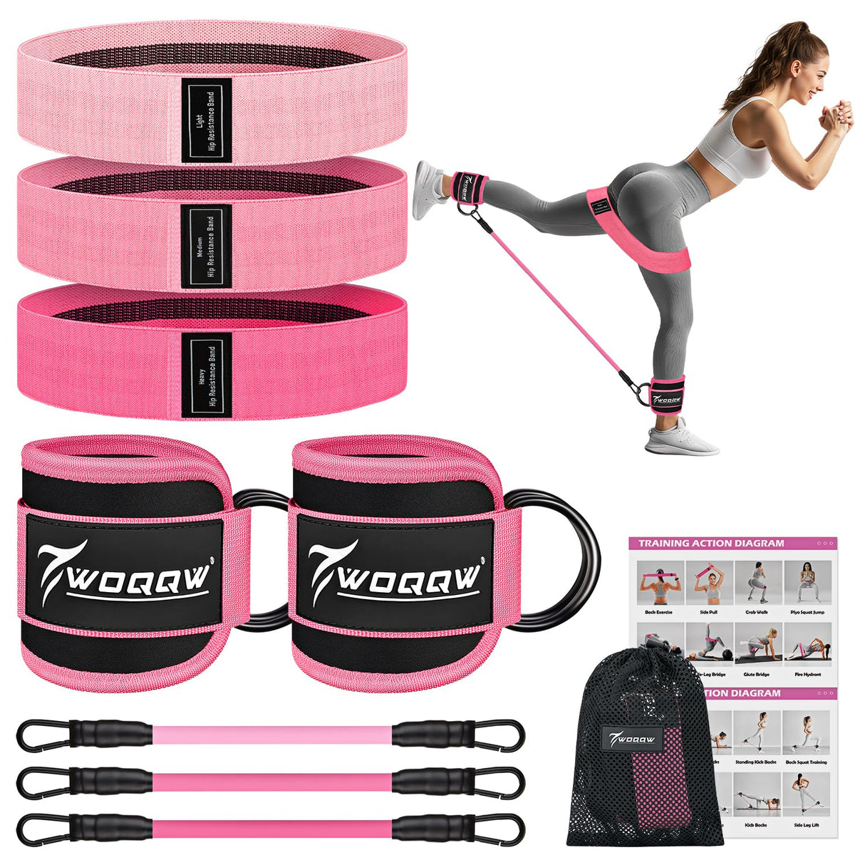 WOQQW Resistance Bands Set - Ankle Resistance Bands with Cuffs for Legs & Glute Workout, Fabric Booty Bands for Women, Home Gym Exercise Equipment for Hip, Pilates, Fitness, Yoga, Physical Therapy
