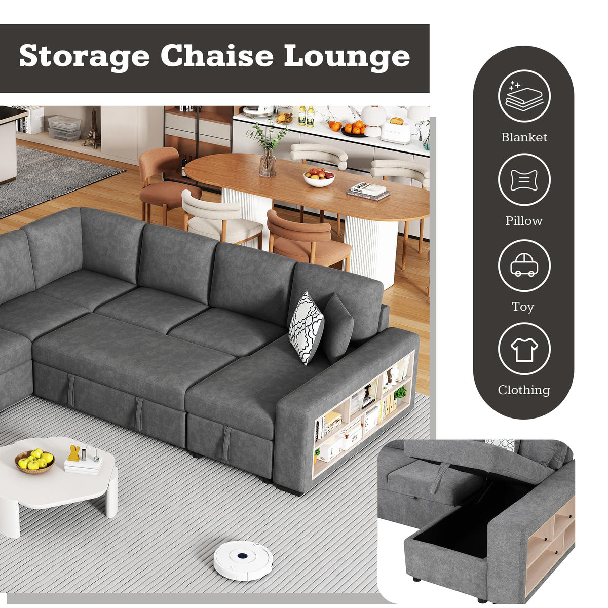 109-Inch U-Shaped Sleeper Sectional Sofa with Pull Out Sleeper Couch Bed for Living Room, Chenille Upholstered U-Shaped Corner Sleeping Sofabed W/Storage Chaise, USB Ports