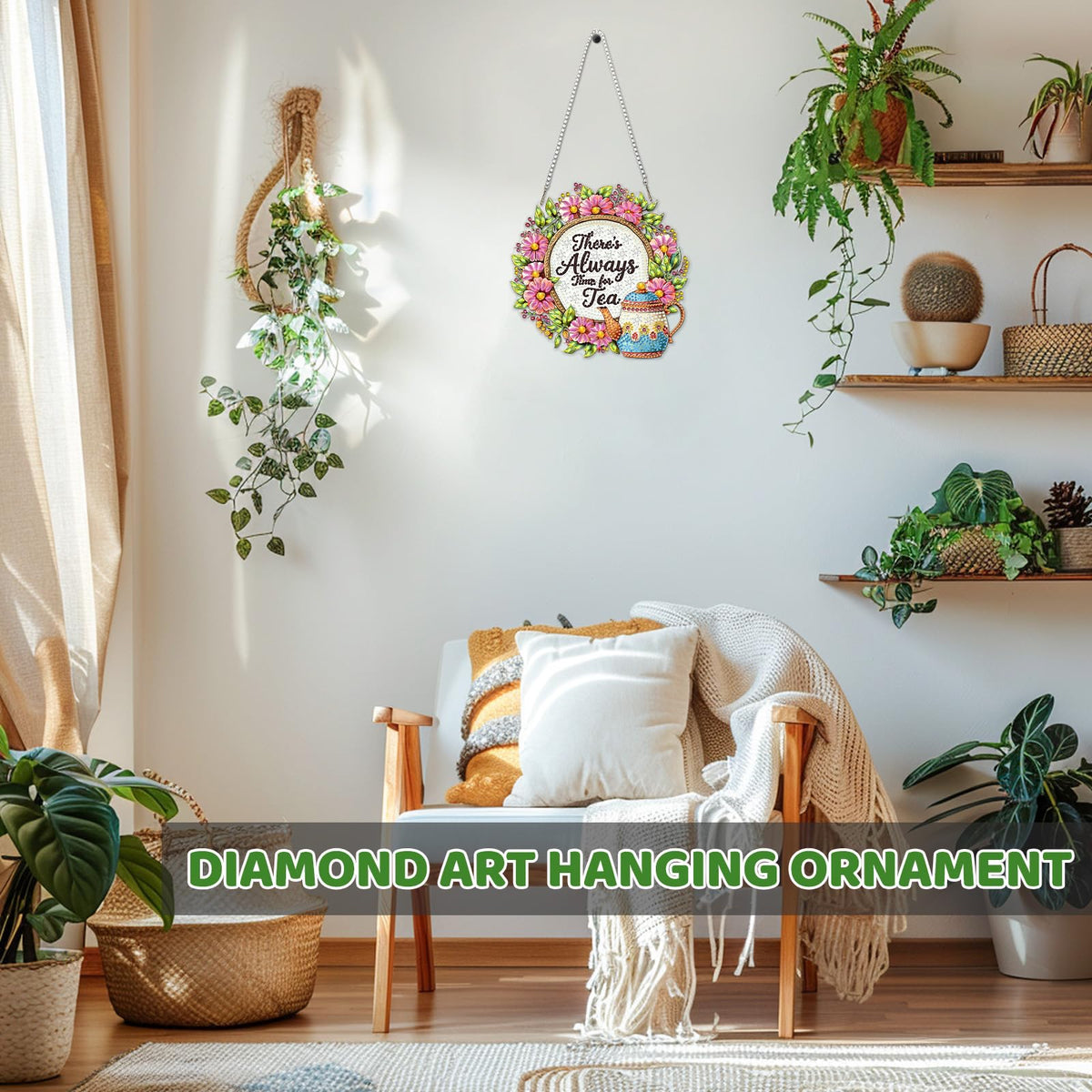 MEIYUDA Flower Wreath Diamond Art Hanging Kits, DIY Tea Flower Wreath Diamond Painting Window Hanging Ornament for Adults, 5D Special Shape Rhinestone Pendant for Home Decor and Holiday Gift