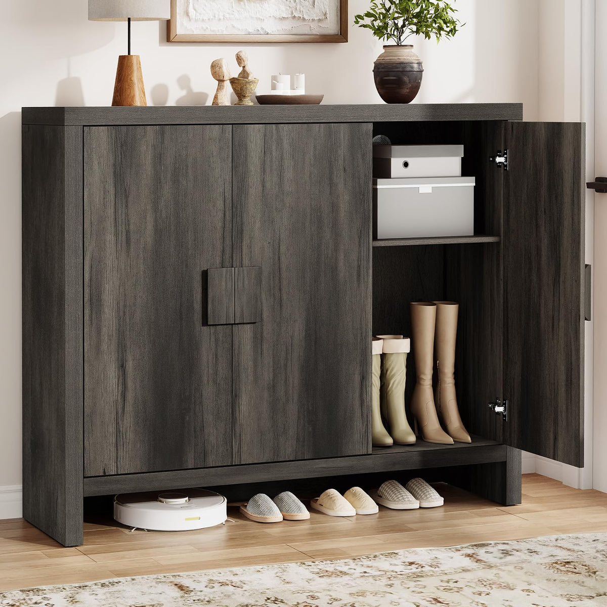 ONBRILL Shoe Cabinet with 3 Doors, 30 Pairs Shoe Storage Cabinet with Adjustable Shelves & Ventilation Hole Design, 47'' Wide Shoe Rack Shoe Organizer Cabinet for Entryway Living Room (Black Smoky)