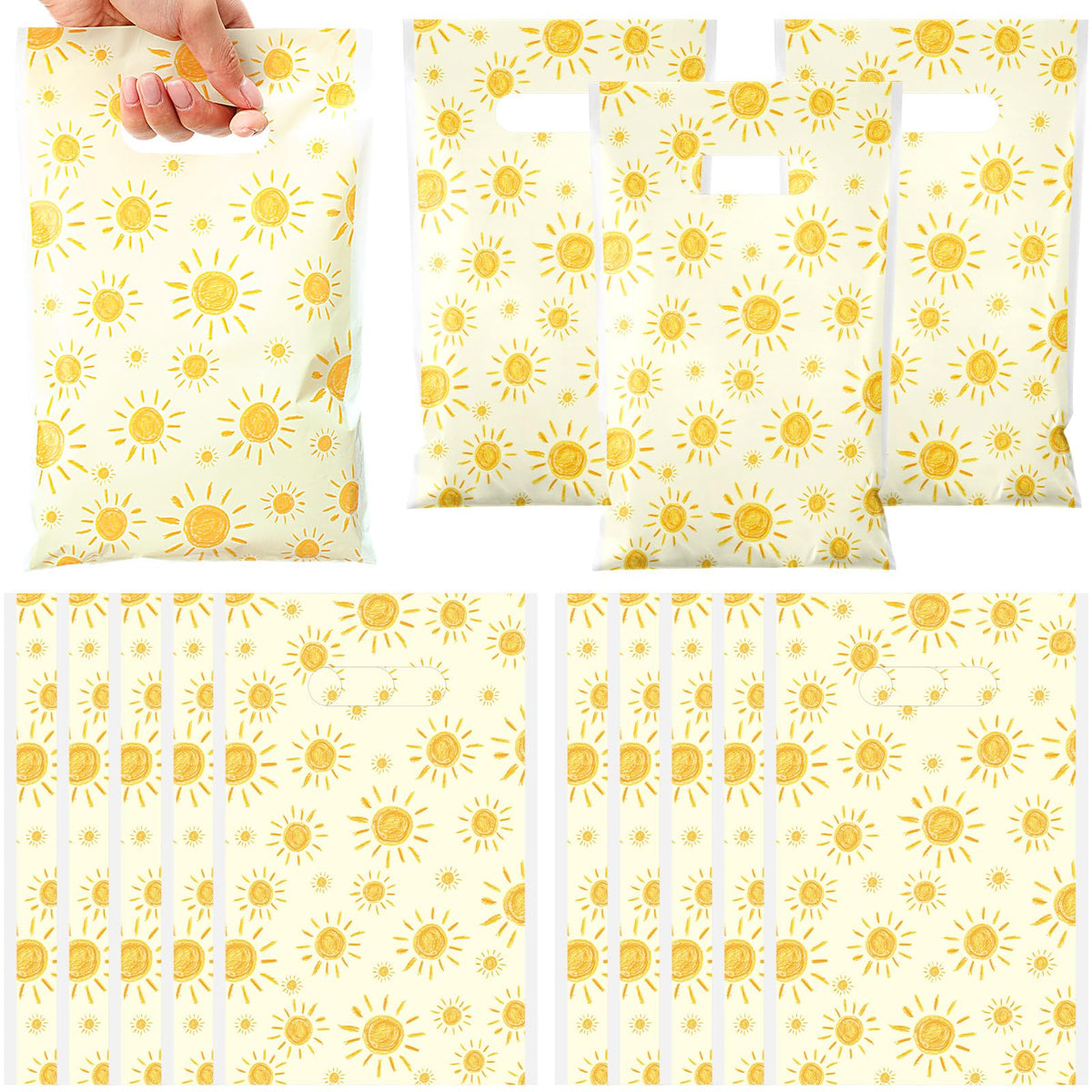 Supervitae 100 Pcs Boho Sun Plastic Gift Bags Bulk with Handles - First Trip Around the Sun Party Favors Summer Sunshine Treat Bags for Birthdays Weddings Snacks Candy Goodie Party Supplies