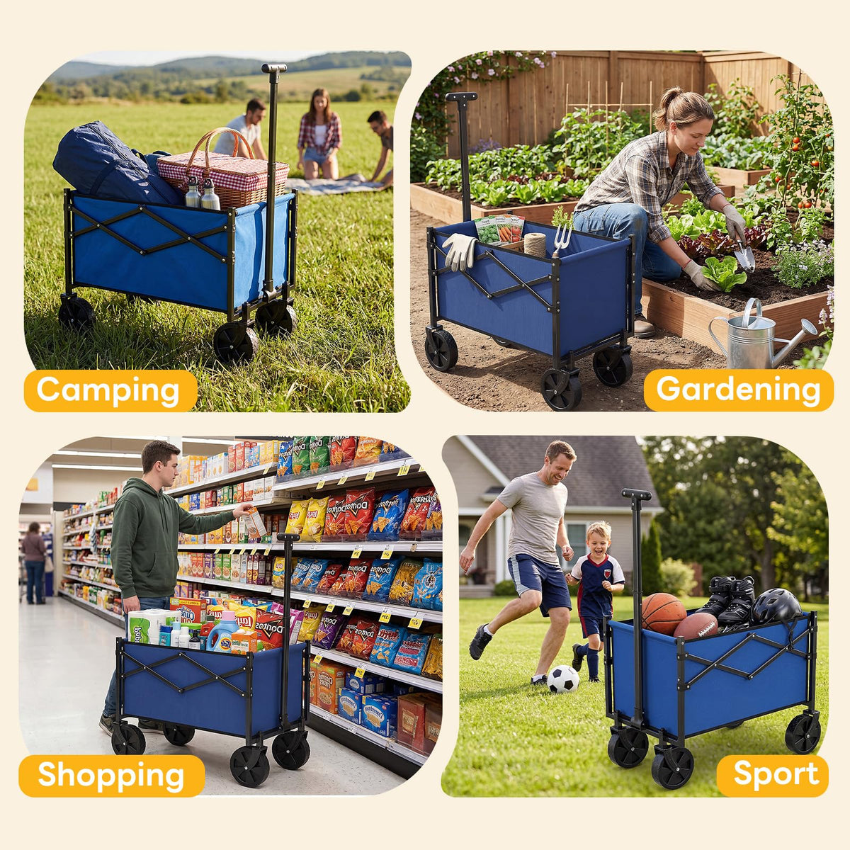 NEWBULIG Collapsible Wagon with All-Terrain Wheels, 220 LBS Folding Utility Cart, Lightweight & Heavy Duty Portable Wagon for Groceries, Beach, Camping & Garden, Blue