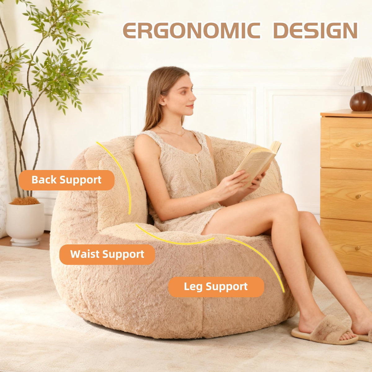 Oversized Bean Bag Chairs,Multicolor Faux Fur Couch Filled with Shredded Sponge,Large Lounger Sofa for Living Room,No Assembly Required,Brown+Camel