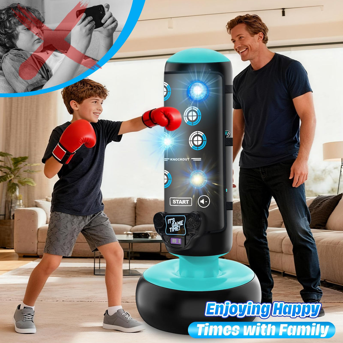 Punching Bag for Kids, 66 Inch Inflatable Boxing Bag with Boxing Gloves, Kid Boxing Set with Scoring, Light, Music, Stand Kids Punching Bag Toy for Age 4-12, for Practicing Karate, Taekwondo, MMA