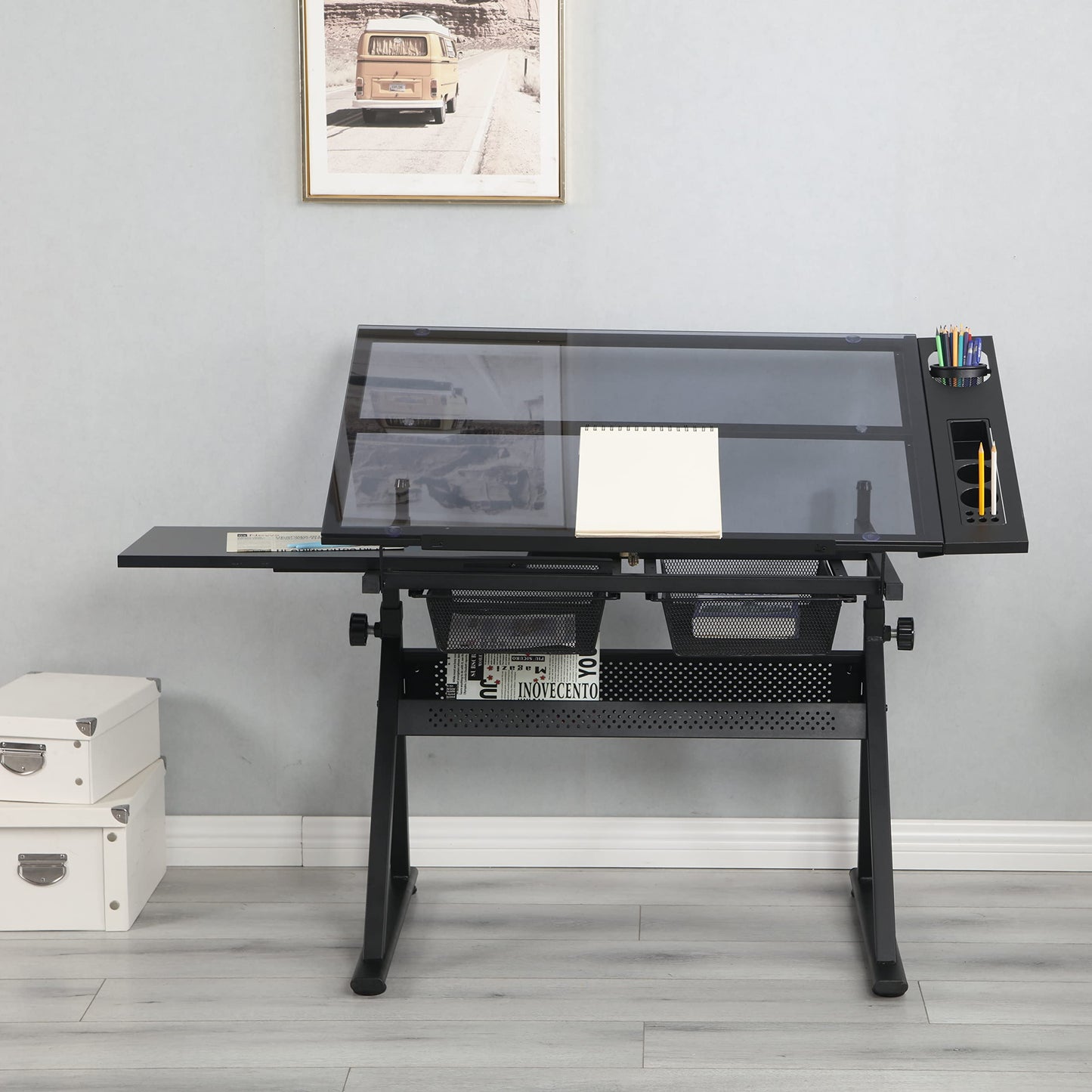 Gecheer Professional Black Drafting Table with Adjustable Tempered Glass Tilting Top 75° Angle and Storage Drawers Chair Included