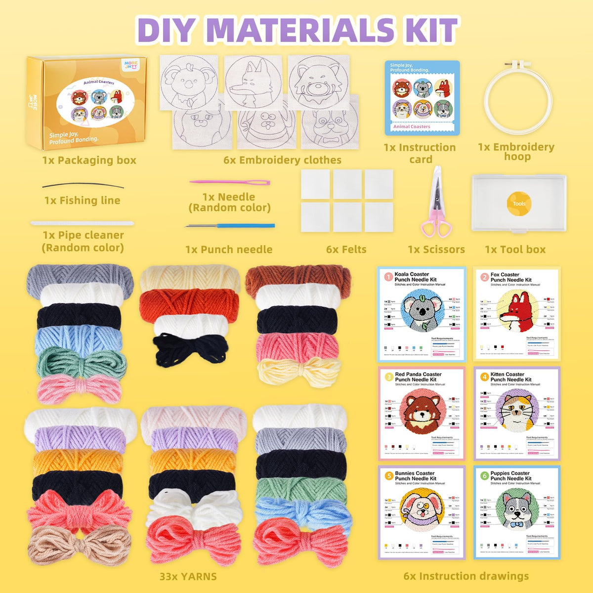 punch needle kit-6,embroidery kit for beginners,punch needle kits adults beginner,needles, curved scissors, a tool storage box, yarn, easy-to-follow instructions, and tutorial videos(6 animal coaster)
