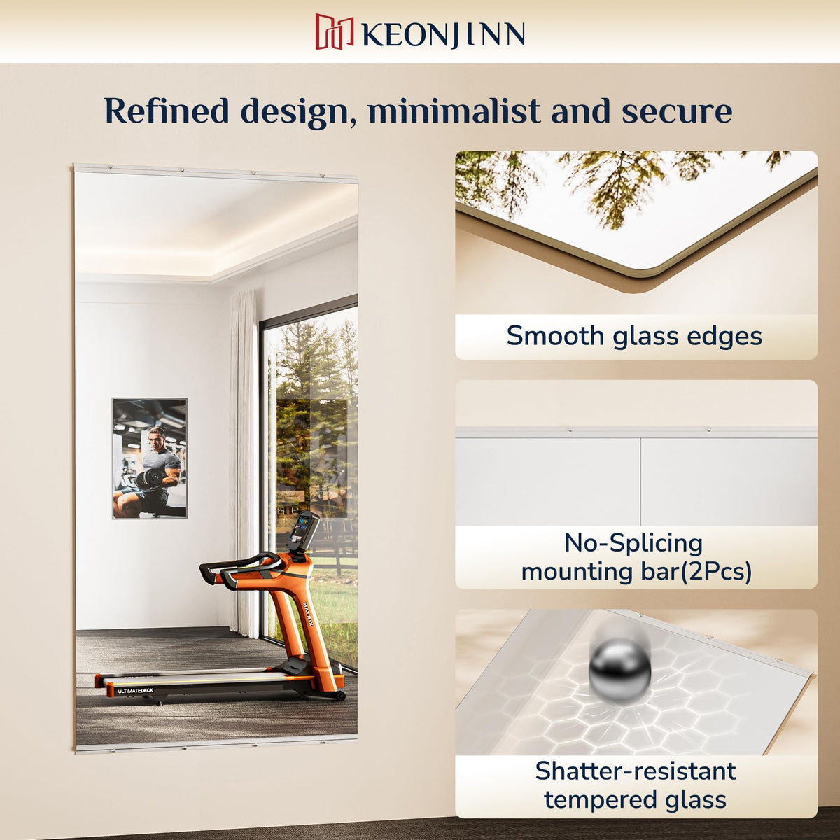 Keonjinn Home Gym Mirror, 56" x 24" - 2PCS Workout Mirrors for Home Gym, Frameless Tempered Glass, Full Body Wall Mirrors for Fitness Exercise, Yoga Room, Dance Studio, Bedroom, Garage