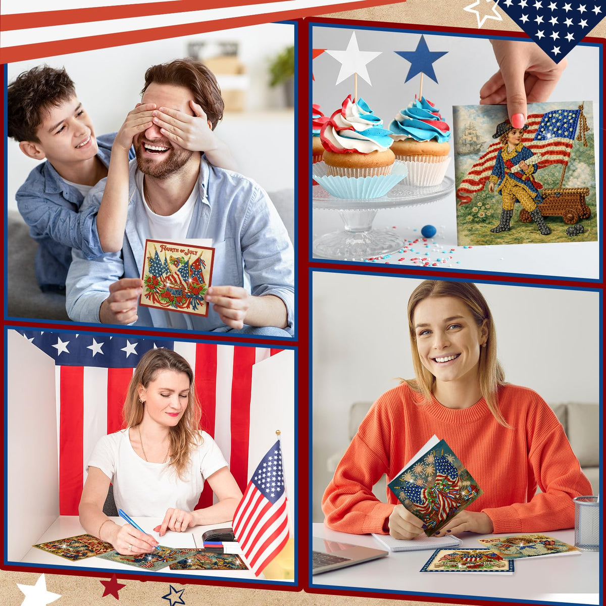 Saillong 12 Pack Vintage 4th of July Diamond Painting Greeting Card Kits Patriotic Diamond Art Cards with Envelopes Retro Red White Blue 5D Rhinestones Painting Making Kits for Adults DIY Craft Gifts