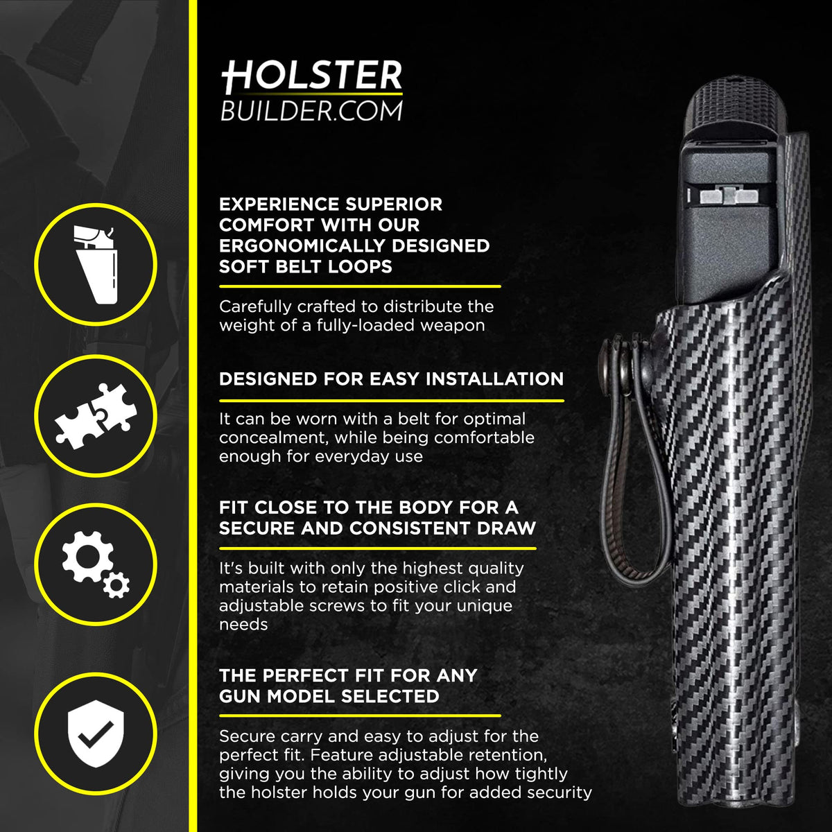 HolsterBuilder IWB Soft Holster Belt Loops - Holster Accessories with Dot Cap for Better Security, Heavy-Duty Belt Clip Works with 1.5" & 1.75" Belts - Kydex & Sheath Hardware Kit (Black)