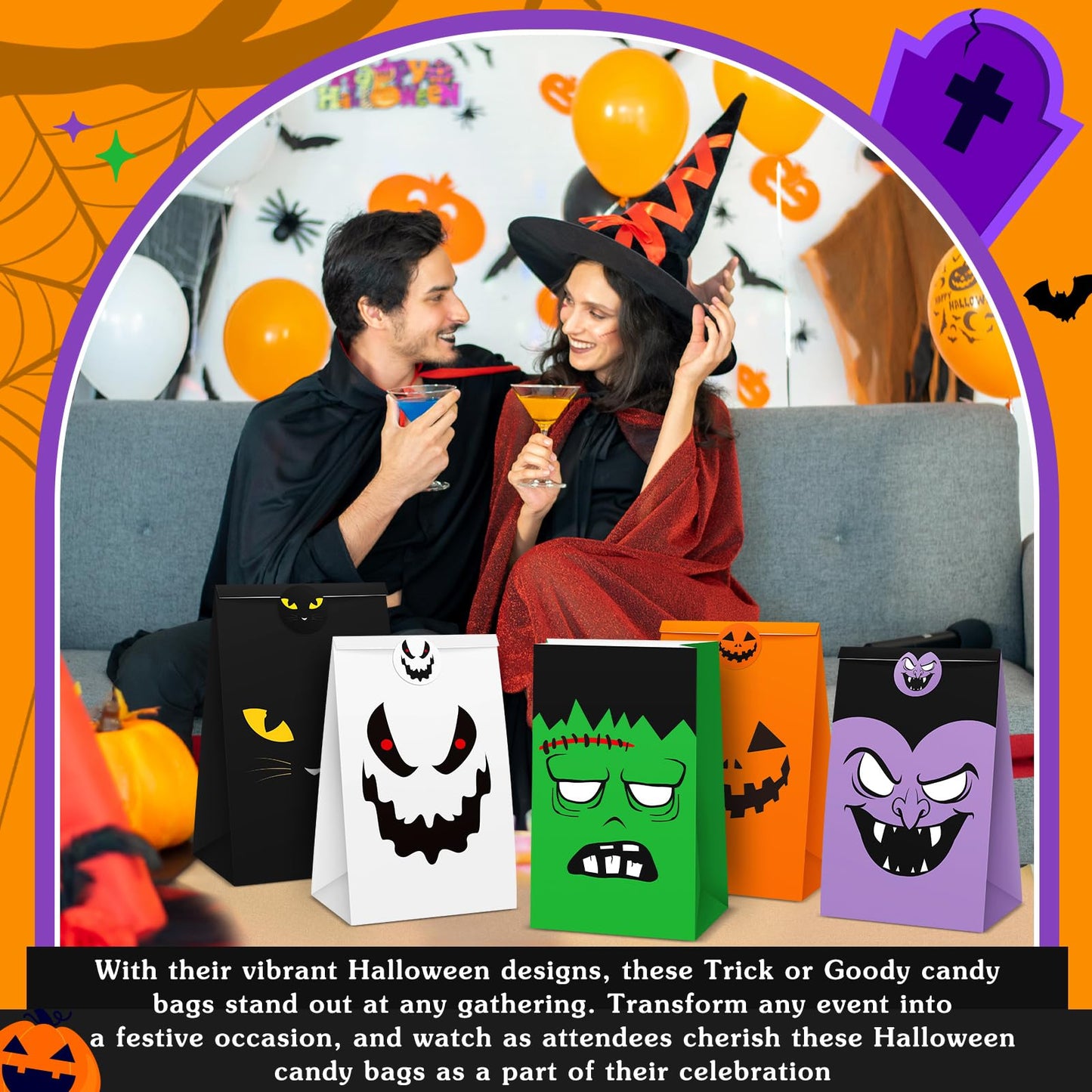 TaoBary Halloween Treat Bags Cute Trick or Goody Bags Halloween Paper Favor Bag with 6 Assorted Designs Stickers for Trick or Goody Birthday Party Event Supplies(30 Pcs)