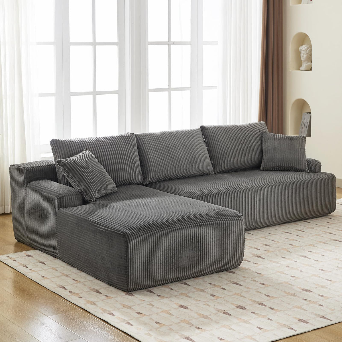 GAOMON 106" Modular Sectional Couch with L-Shape Left Chaise, Modern Boneless Couches for Living Room, Corduroy Fabric Loveseat Sofa Sleeper with Deep Seat, No Assembly Required, Dark Grey