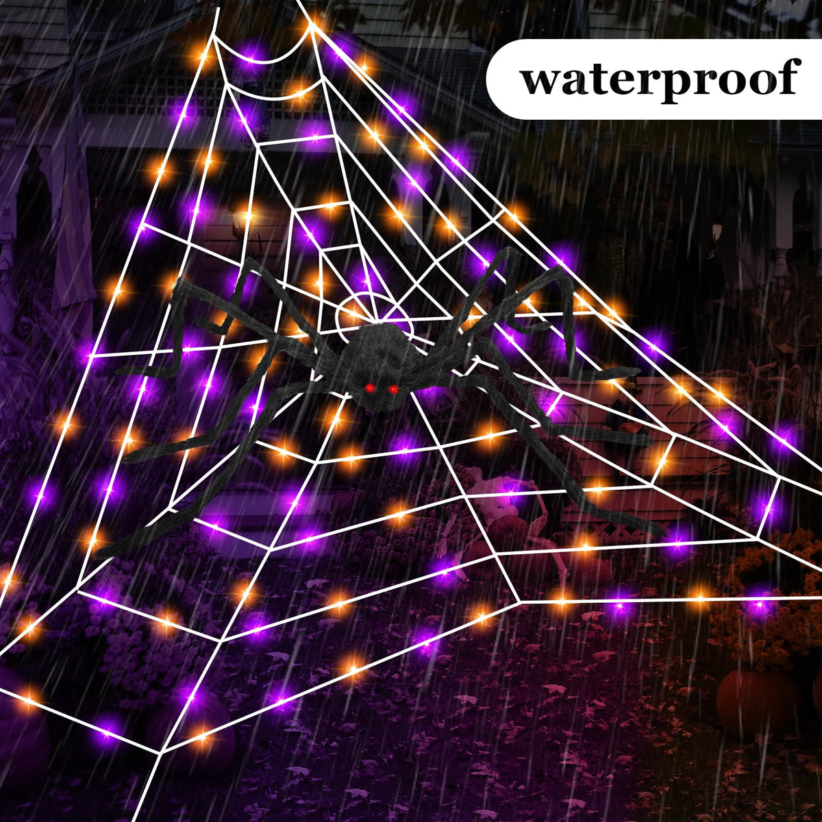 Halloween Giant Spider Web Lights, Spider Web Decoration with 50" Plush Spider & Stretch Cobweb, Powered by Adapter Plug, Remote Control 8 Lighting Modes, Perfect for Scary Halloween Yard Decorations