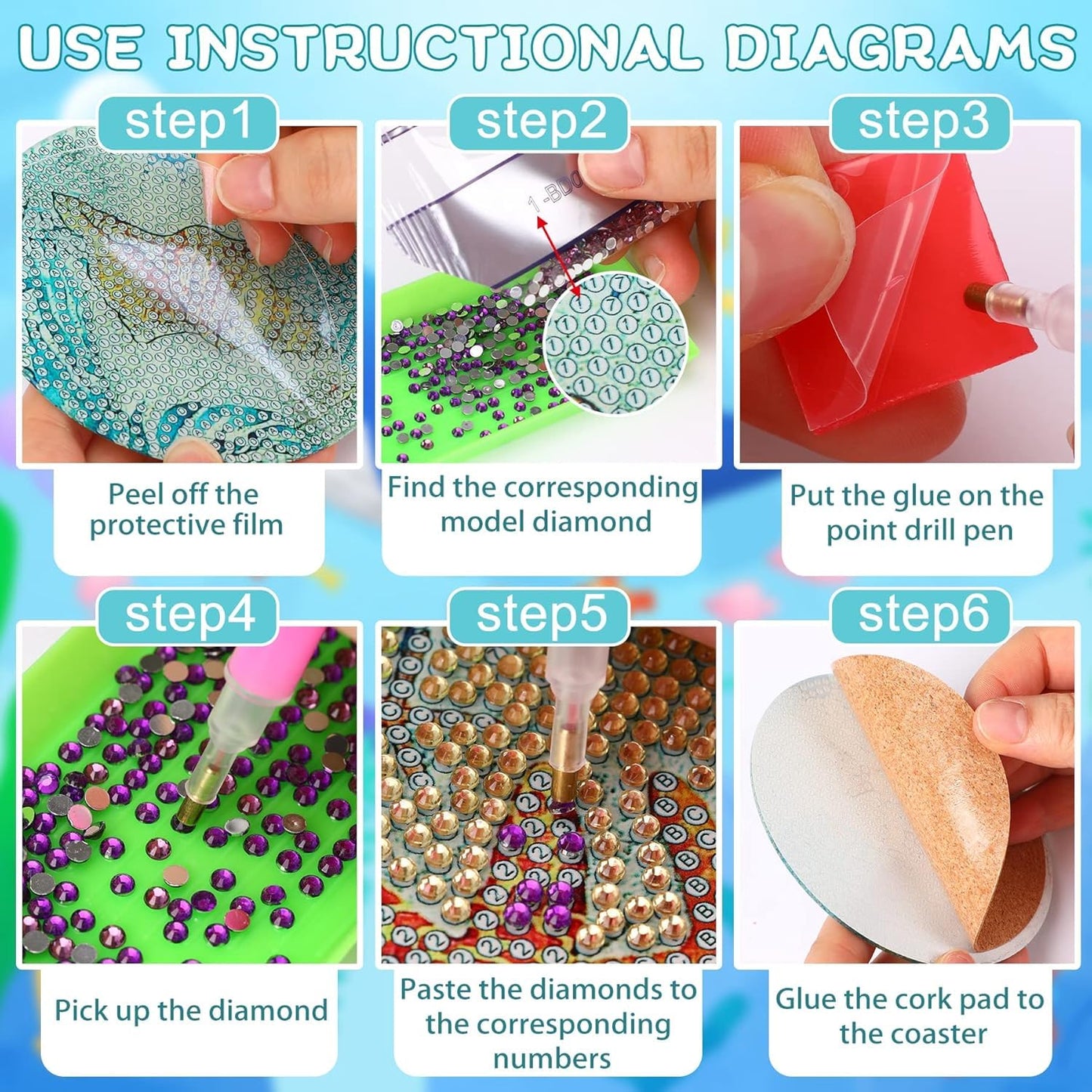 8 PCS Cocktail Diamond Art Coasters Kits, Diamond Painting Coasters with Holder Set of 8, DIY Drink Coasters Art Crafts Supplies for Adults Cup Mat for Home Decor House Warming Gifts Non-Slip 3.9inch