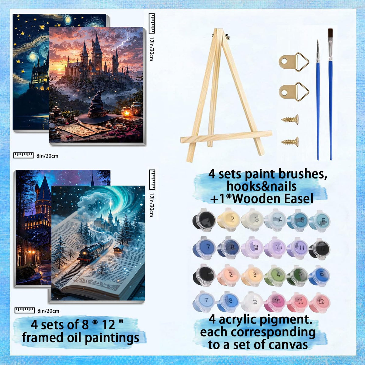 4 Pack Paint by Numbers for Adults with Framed Canvas - with Wooden Easel, Magic Castle Paint by Number on Canvas, Fantasy DIY Acrylic Oil Painting Kits with Brushes for Home Wall Decor 8x12 inch