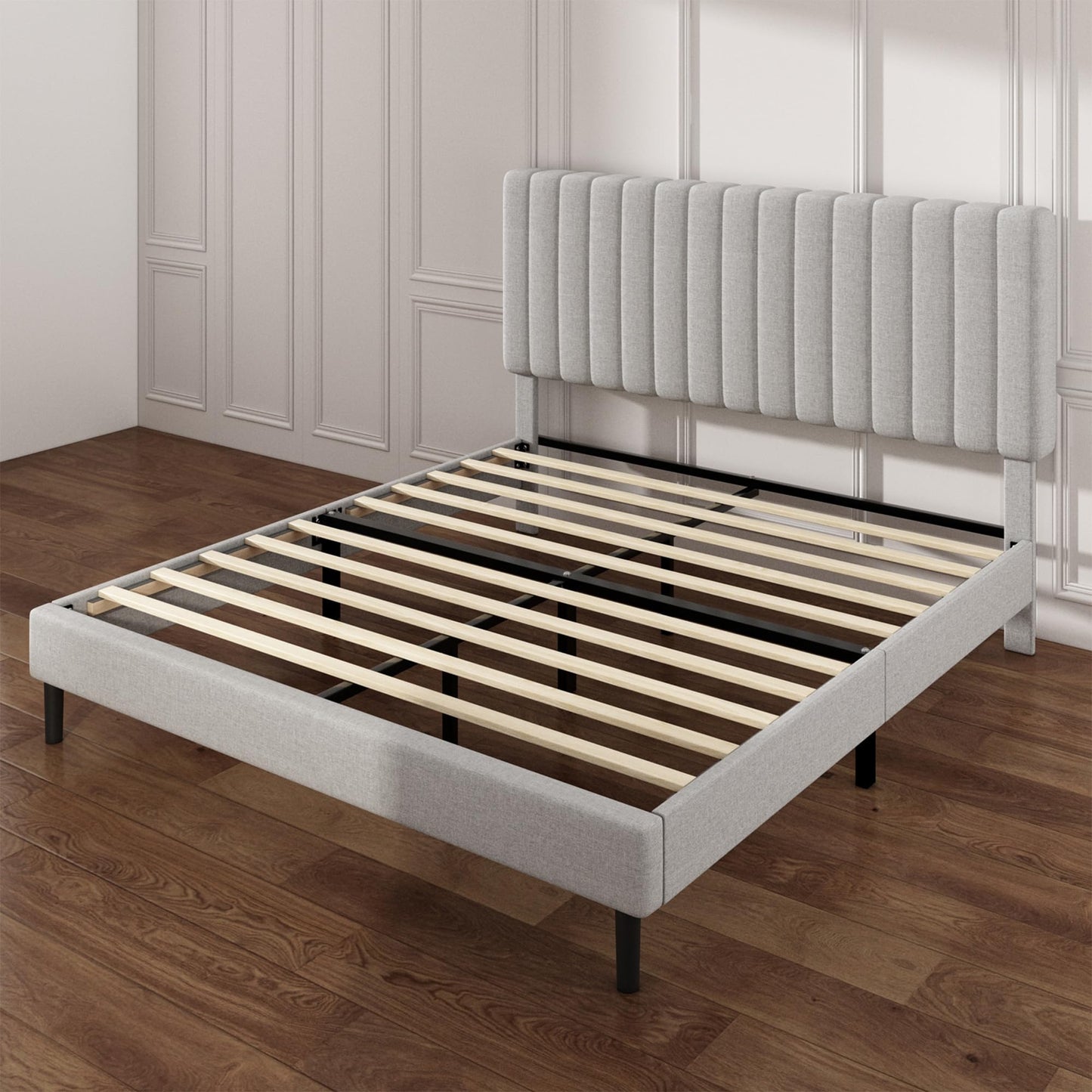 Mxhtcewz King Size Platform Bed Frame with Vertical Channel Tufted Headboard, No Box Spring Needed, Noise-Free, Easy Assembly, Light Grey Linen