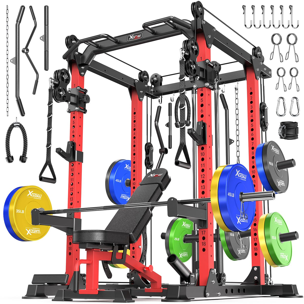 Power Rack Power Cage Multi-Function Squat Rack with Cable Crossover System Selectable More Training Attachment Power Rack for Garage & Home Gym (Red, F Set L02+Weight Bench+（Pole+Color BP） 258LBS)