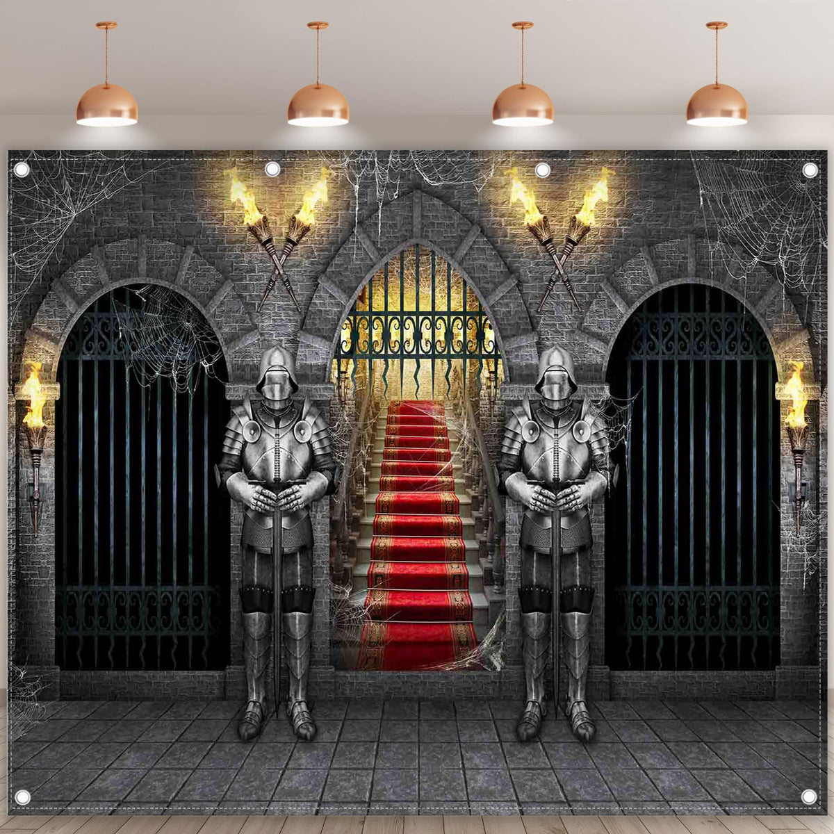 Swepuck 10x8ft Fabric Medieval Knight Photography Backdrop Castle Entrance Arches Torches Dungeon Background Halloween Night Party Decorations Photo Banner