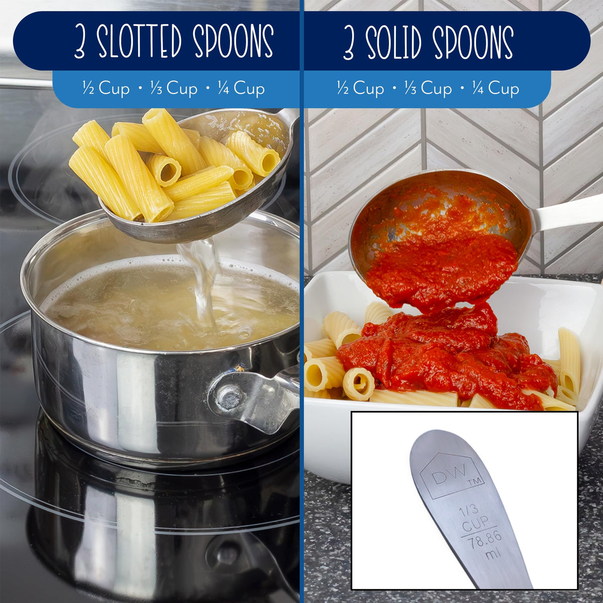 Darware Portion Control Serving Spoons Set (6pc) – Stainless Steel 1/4, 1/3, 1/2 Cup Sizes – Solid & Slotted Kitchen Utensils for Meal Prep, Cooking & Healthy Eating