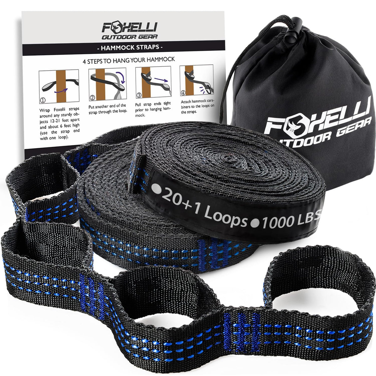 Foxelli XL Hammock Straps - Extra Long 20FT Heavy Duty No-Stretch Suspension System, 40+2 Loops, 2000 LBS Capacity, for Indoor/Outdoor Use – Set of 2 Straps & Carry Bag