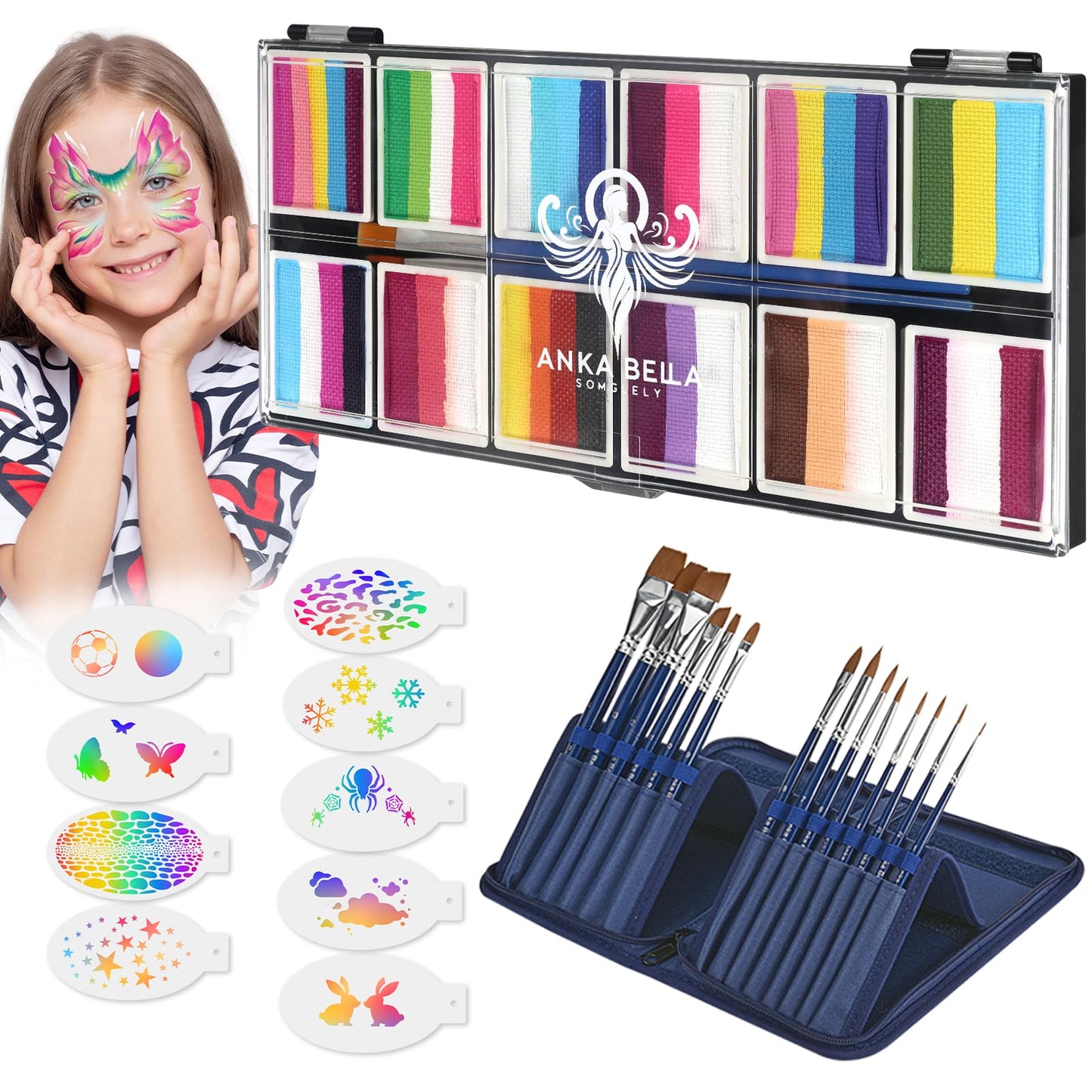 Anka Bella Professional Face Painting Kit for Kids,12X10gm Water Activated Rainbow Cake Face Paint with Stencil & Brushes,Hypoallergenic & Non-Toxic,Gift for Birthday Parties/Halloween/Carnival