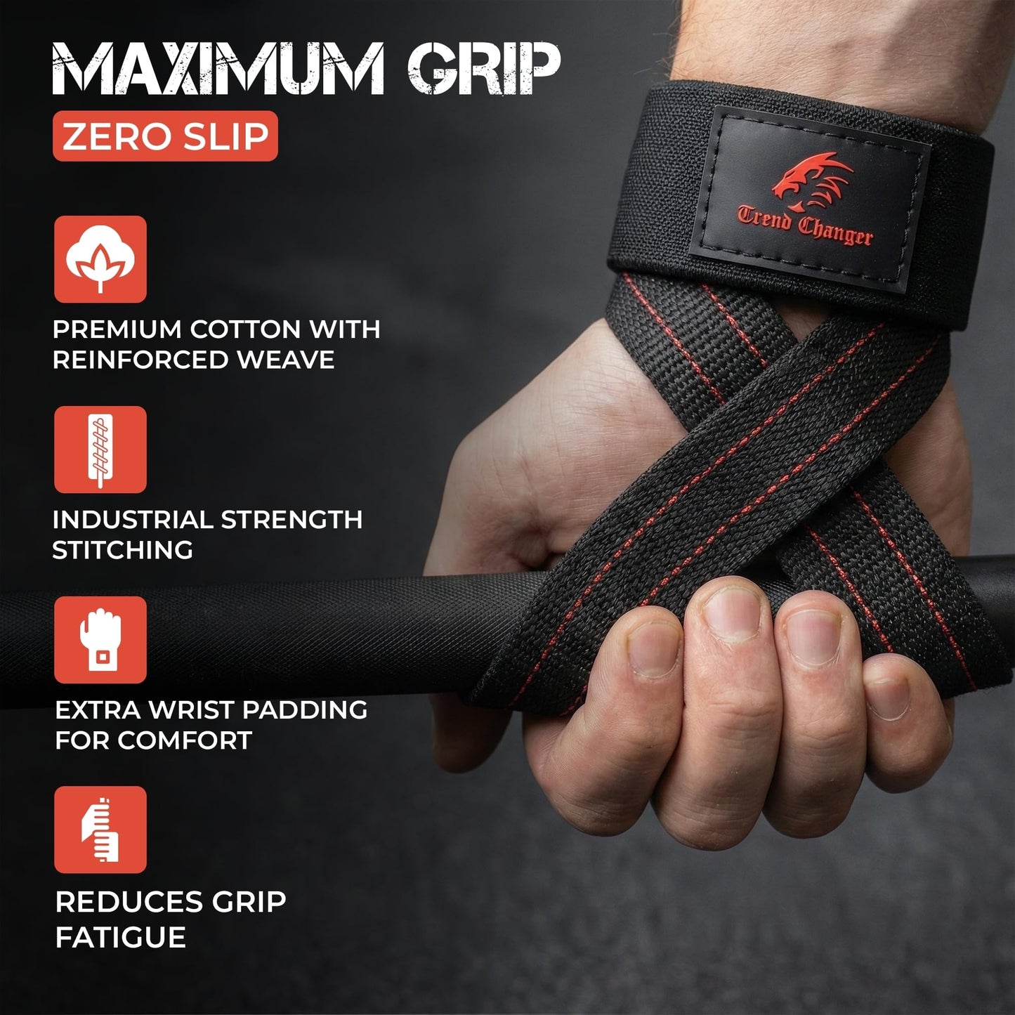 Trend Changer Figure 8 Lifting Strap Padded Deadlift Straps Heavy Duty Weight Lifting Straps Strongman Axle Bar Straps Weightlifting Wrist Wraps (Large (8.0'' & UP Wrist Circumference), Black/Red)