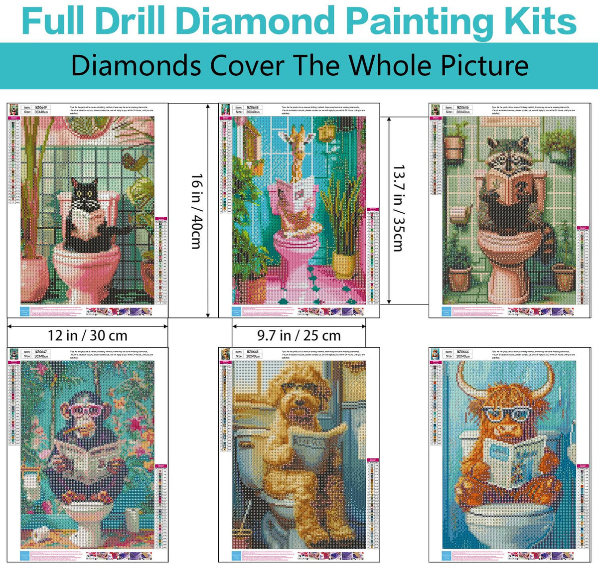 Axquilon Diamond Art Kits for Adults - 6 Pack Funny Animals Diamond Painting Kits for Adults, 5D Round Full Drill Gem Art, Paint by Diamonds Pictures DIY Crafts Kits 12x16 inch