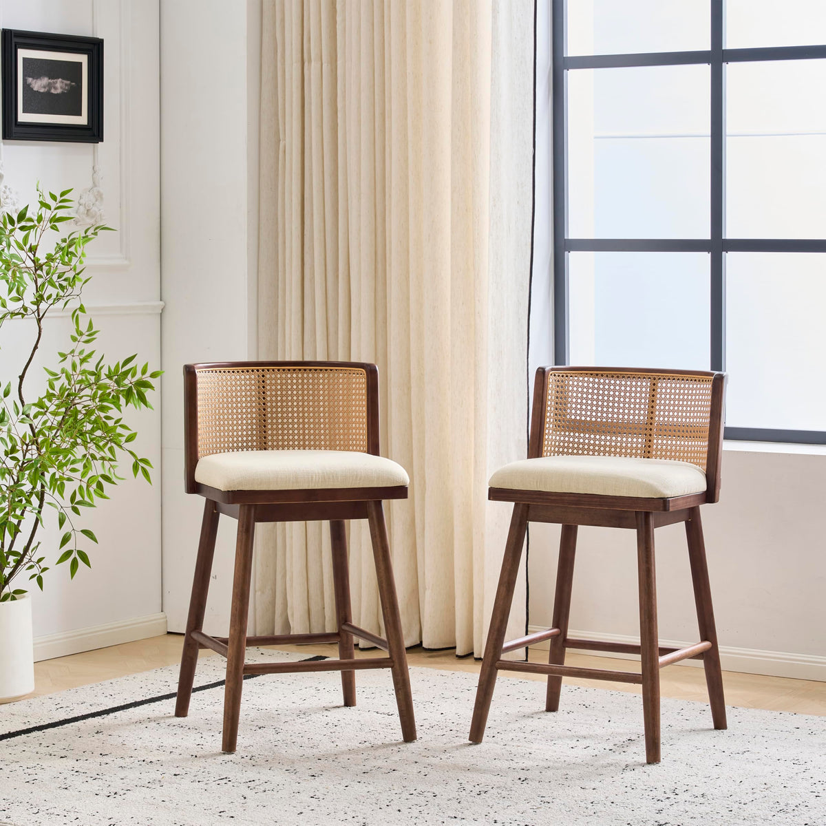 Christopher Knight Home Aphe Counter Height Bar Stools Set of 2, Fabric Upholstered Bar Stool for Kitchen Island, Rubberwood Counter Stools with Woven Rattan Backrest, Beige + Dark Walnut