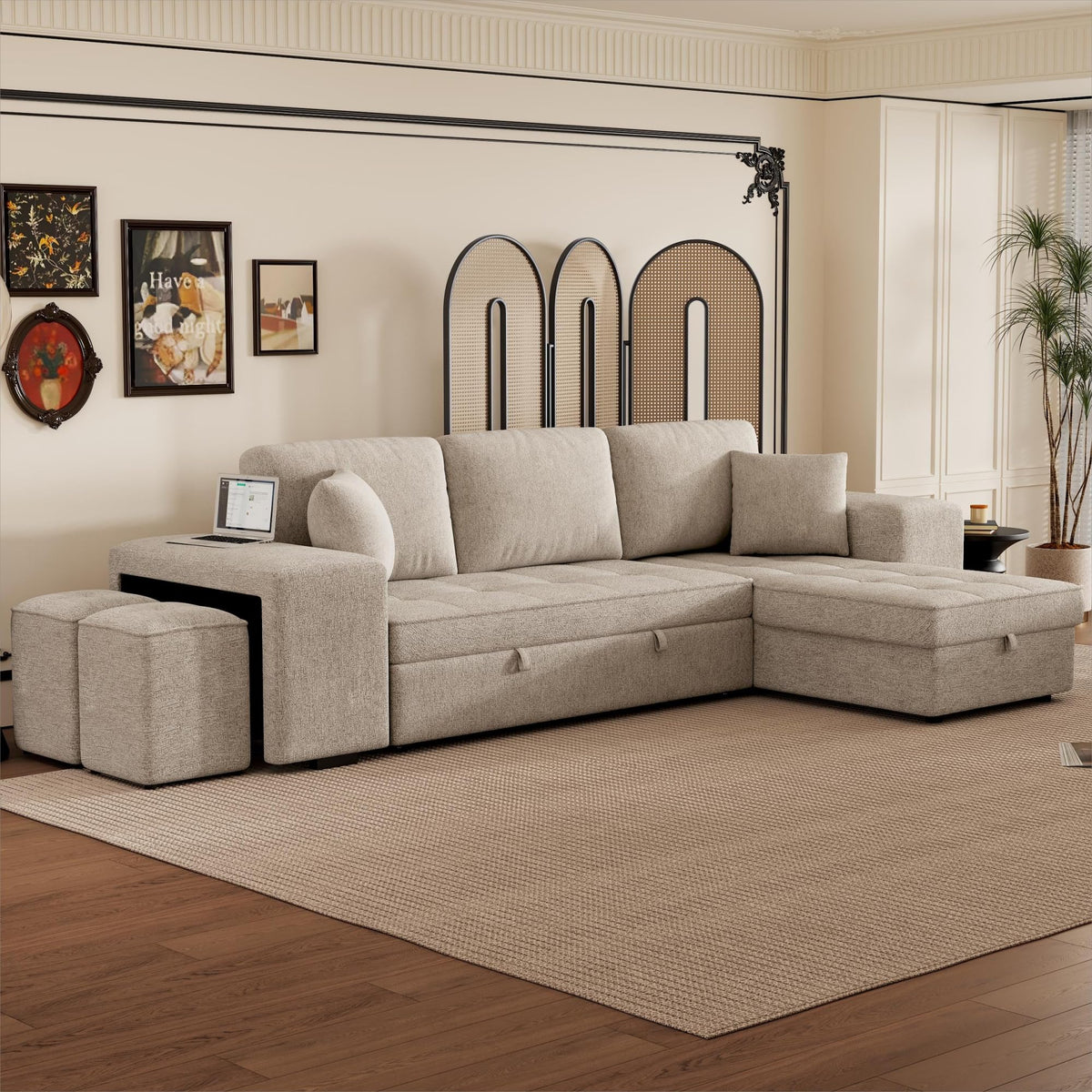 Merax 3 Seat Reversible Sectional Couch, Modern L-Shape Pull Out Sleeper Sofa with Storage Chaise and 2 Stools for Living Room Furniture Set, Cream