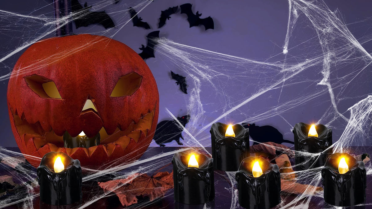 Renbuzhu 24Pcs Halloween Decorations Indoor Candles Black Tea Lights: Led Flameless Tealight Battery Operated Table Decor with Spider Webs (No Timer&Remote)