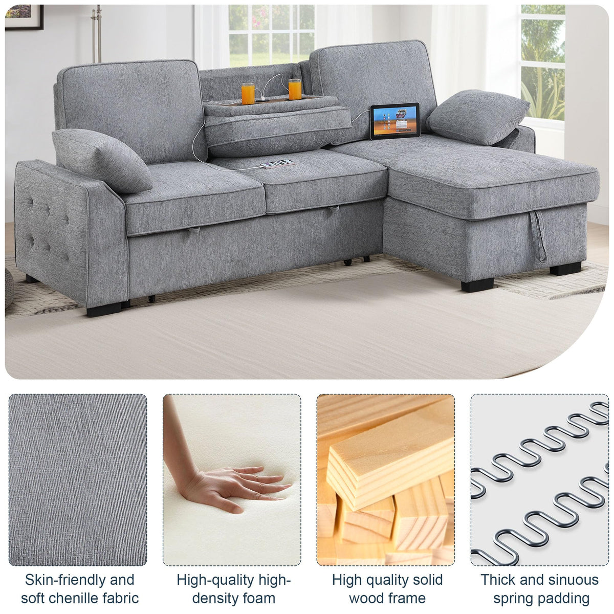 ERYE L-Shaped Pull Out Sleeper Couch Bed, Modern Chenille Upholstered Button Tufted Corner Couch Reversible Sectional Sleeper Sofa Bed W/Storage Chaise, Cup Holders