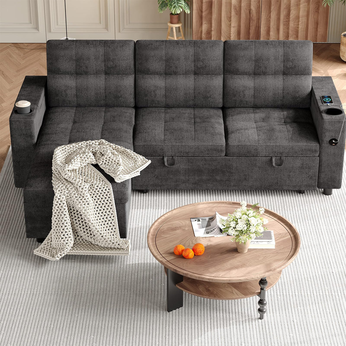 GarveeLife Couches for Living Room, 84'' L-Shaped Sectional Sleeper Sofa with Pull Out Bed, Comfy Sofa Bed with Charging Ports and Storage Armrests, Dark Grey