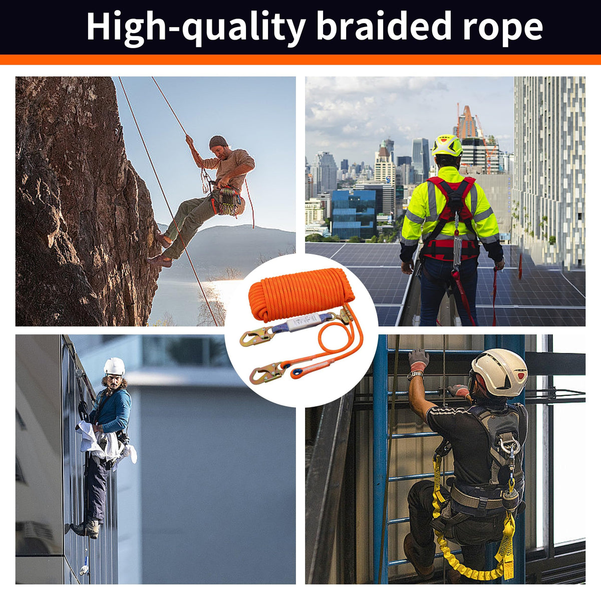 Fall Protection Safety Rope 50ft Heavy Duty Vertical Roofing Grab Snap Hook Shock Absorber Fall Protection Line Kit Restraint System Roofing Safety Equipment (50FT)
