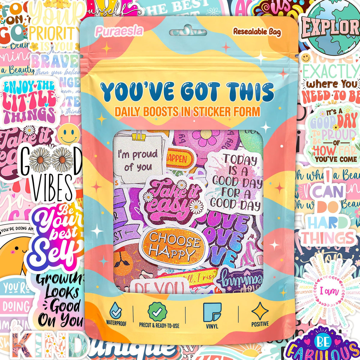 You've Got This by Sticker Pack Puraesla - 300 Positive Affirmation Stickers, Emotional Boost Glitter Motivational Sticker Pack, Encouraging Quotes for Laptop, Water Bottles, Vision Board, Self Love