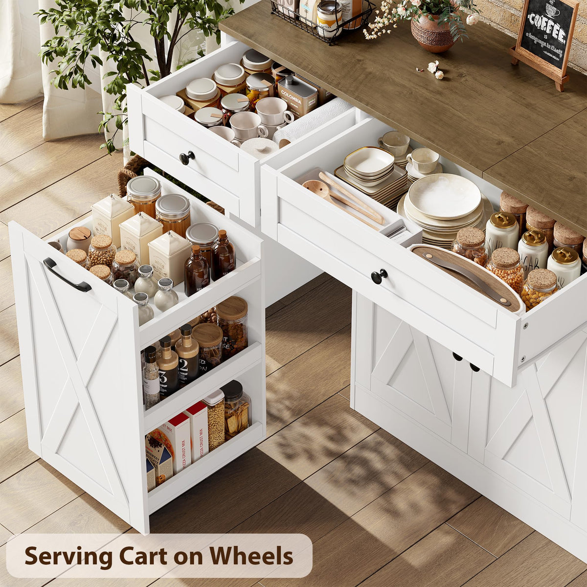 HOSTACK Multifunctional Storage Cabinet - 59" Buffet Cabinet with Charging Station, Large Kitchen Buffet Sideboard with Rolling Cart, Farmhouse Coffee Bar Cabinet with Drawers for Dining Room, White