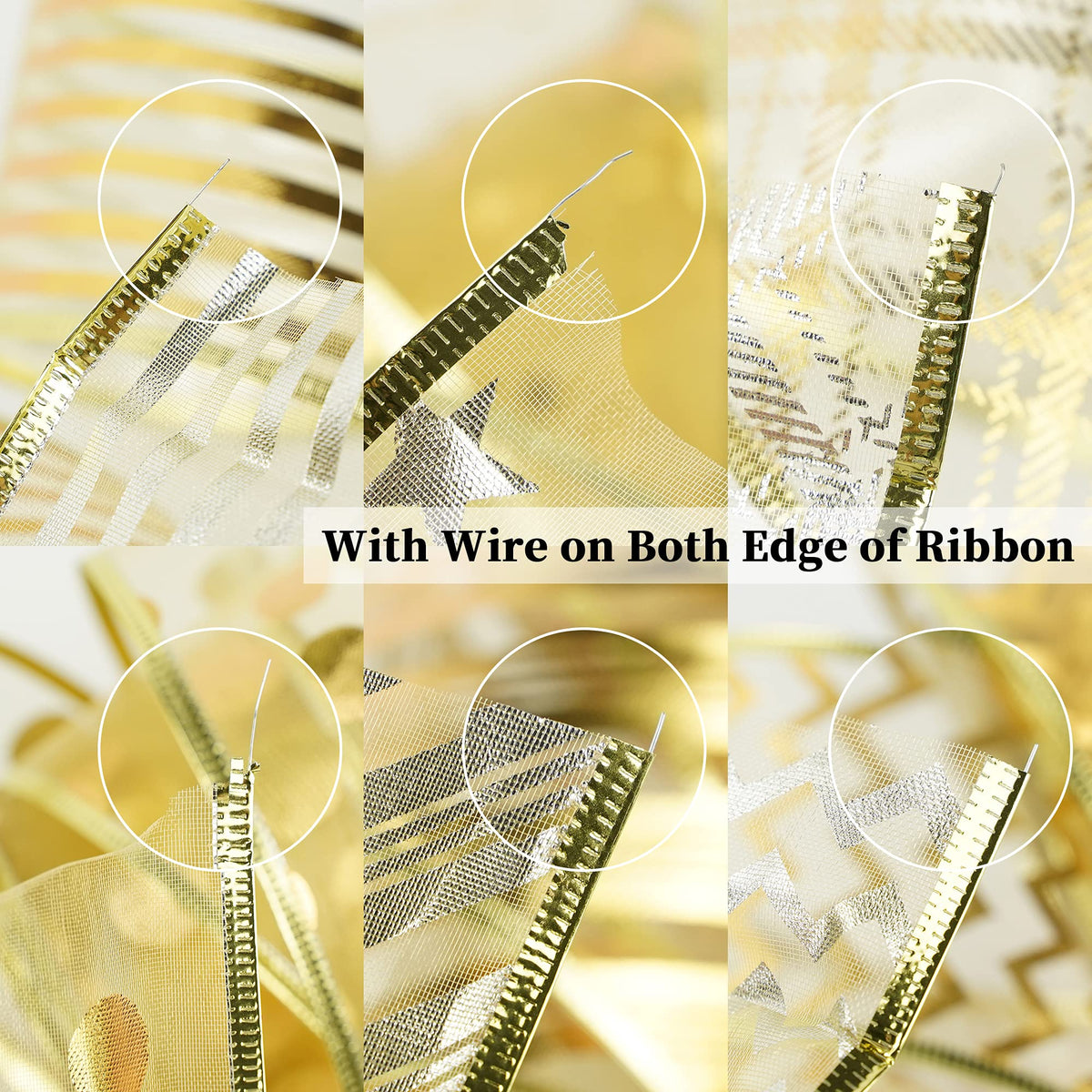 MEEDEE Gold Ribbon for Christmas Tree Decoration - 2.5 Inch, 6 Rolls, 36 Yards - Star and Stripe Wired Ribbon for Tree Garland and Crafts
