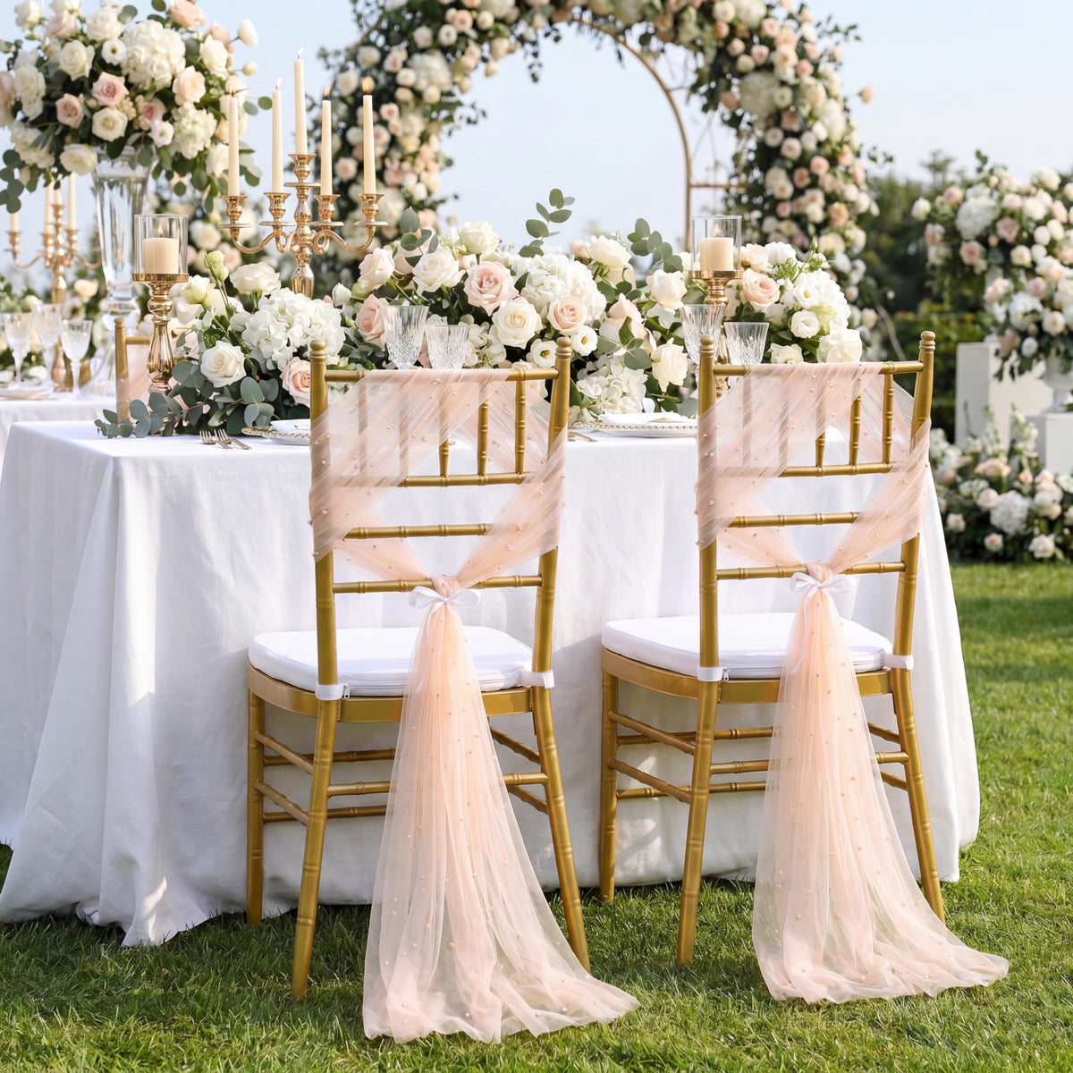 QueenDream Wedding Chair Sashes Aisle Decorations: Champagne Pearls Chair Cover 16 Pack 8FT Long Tulle Draping Fabric Reception Church