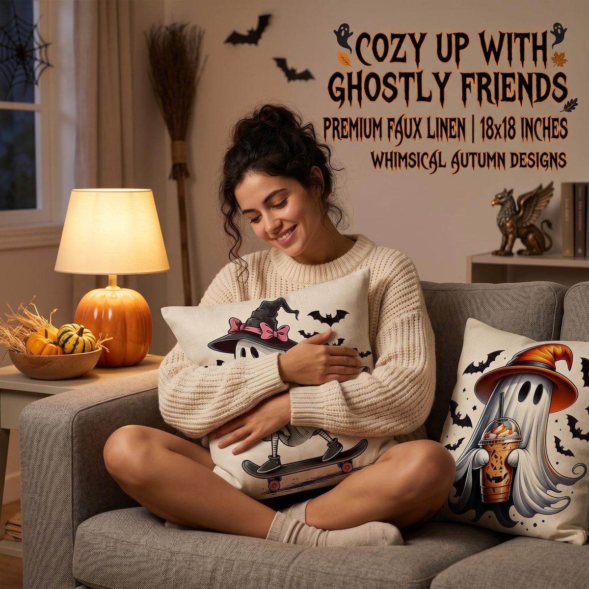 Fall Halloween Thanksgiving Pillow Covers 18x18 Set of 4, Faux Linen Polyester Decorative Throw Pillow Cases for Harvest Home Sofa Couch Bed Decor (CuteGhost)