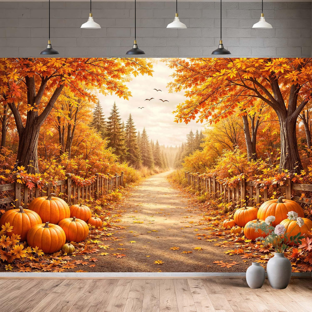 Bondjos Fall Photography Backdrop, Fall Pumpkin Rustic Country Road Maple Leaf Forest Photo Backdrop,Vibrant Photoshoot Backdrop, Photo Booth Background for Autumn Thanksgiving Halloween Party Decor
